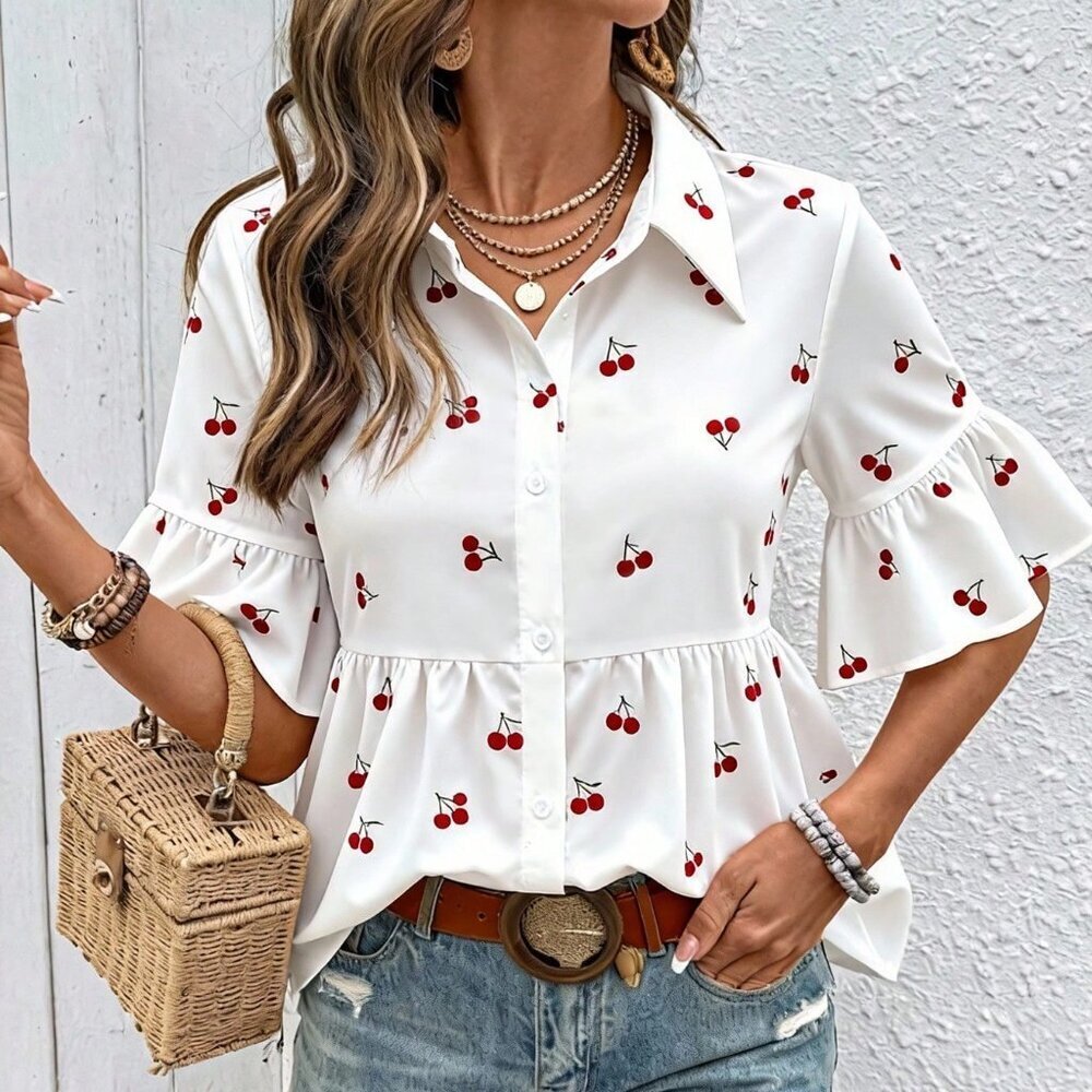 White Casual Women's Cherry Print Fresh Collar Blouse